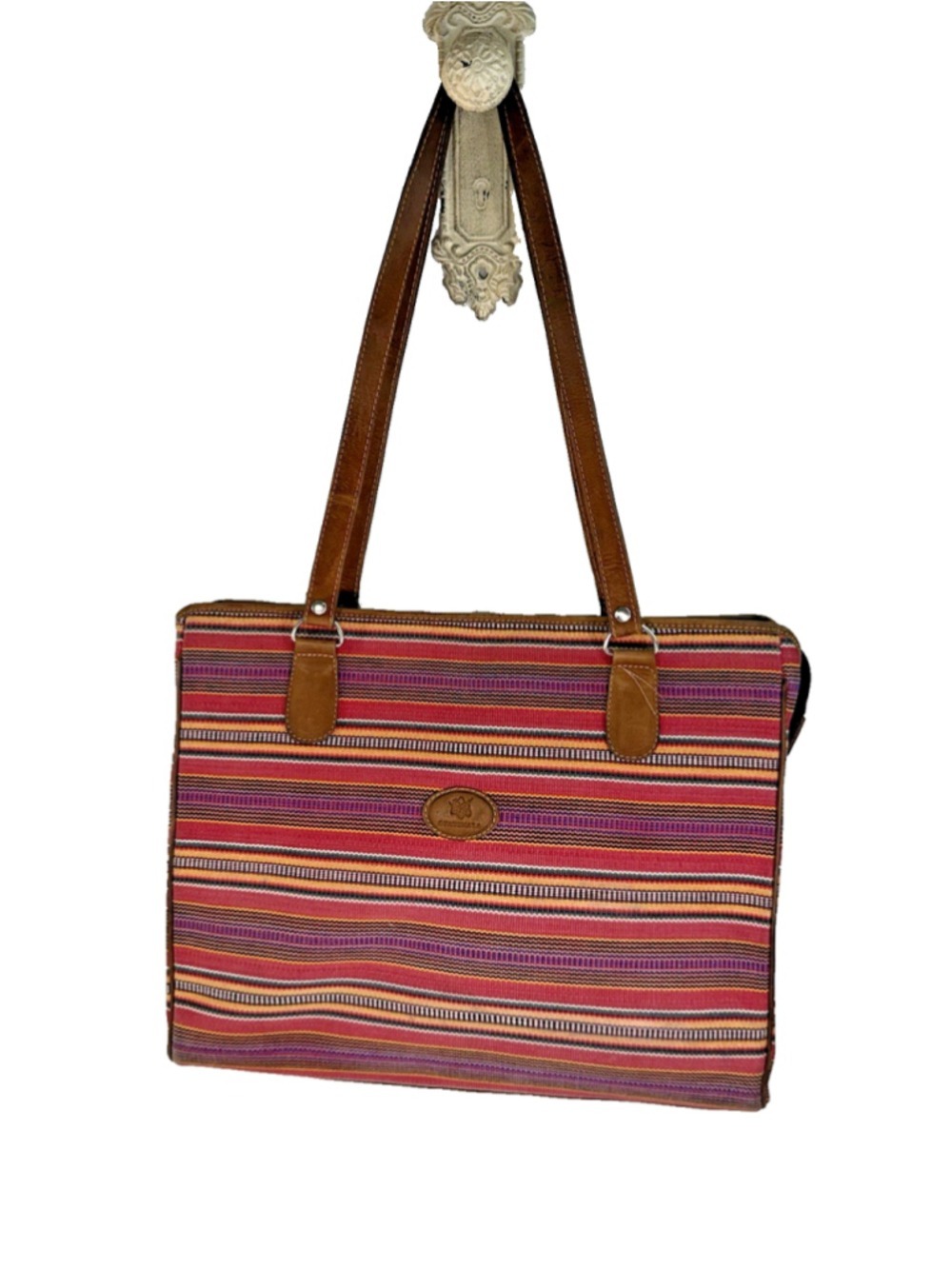 Guatemala Leather & Striped Woven Textile Fabric Handbag Tote Purse